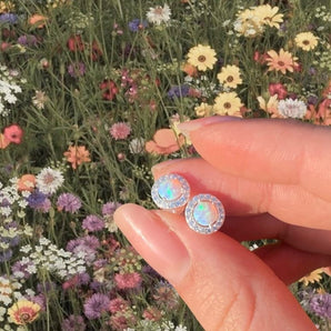 Classic Opal Halo Silver Stud Earrings
