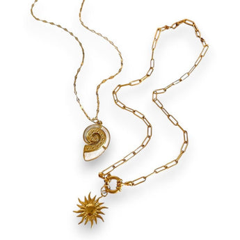Amnesia Jewellery | Gold Plated Stainless Steel Conch and Sun stackable Necklace. Our elegant Conch and Sun Stacking Necklace Set, made from durable 18ct gold plated stainless steel and enamel. Tarnish Free and Waterproof. Shop now for quality Jewellery/Jewelry!
