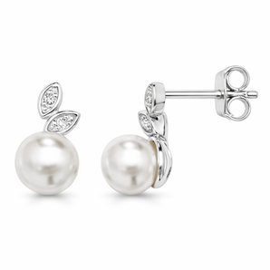 Sterling Silver and Cubic Zirconia Leaf and Pearl Studs