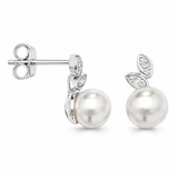 Sterling Silver and Cubic Zirconia Leaf and Pearl Studs