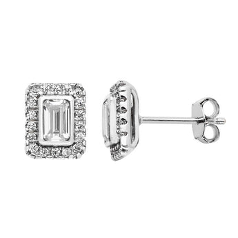 Silver Cubic Zirconia Rectangle Halo Stud Earrings 