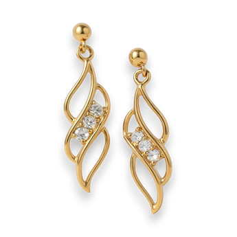 Gold plated earrings with cubic zirconia accents on a white background