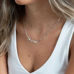 Personalised Cursive Name Paperclip Chain Necklace in Silver or Gold