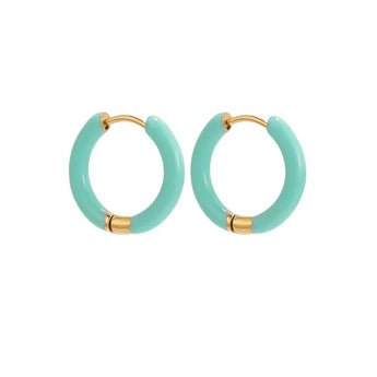 Amnesia Jewellery | Turquoise Enamel Demi Hoop Earrings. Our Demi Hinged Hoop Earrings are made from gold plated stainless steel with a vibrant turquoise blue coloured enamel. Tarnish Free and Waterproof. Shop now for quality Jewellery/Jewelry!