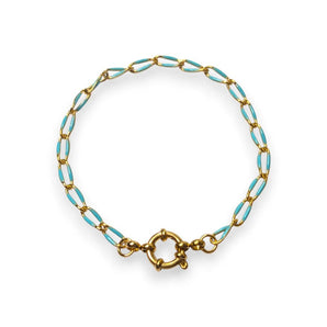 Amnesia Jewellery | Gold Plated Stainless Steel Paperclip Chain Bracelet. Our handmade Demi Twisted Paperclip Bracelet is made from gold plated stainless steel with turquoise enamel decoration and sailors clasp. Tarnish Free and Waterproof. Shop now for quality Jewellery/Jewelry!