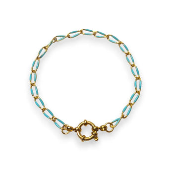 Amnesia Jewellery | Gold Plated Stainless Steel Paperclip Chain Bracelet. Our handmade Demi Twisted Paperclip Bracelet is made from gold plated stainless steel with turquoise enamel decoration and sailors clasp. Tarnish Free and Waterproof. Shop now for quality Jewellery/Jewelry!