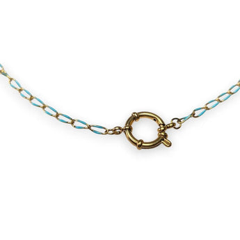 Amnesia Jewellery | Gold Plated Stainless Steel Demi Paperclip Chain Necklace. Our 20" Demi Twisted Paperclip Necklace is made from gold plated stainless steel with turquoise enamel and sailors clasp. Tarnish Free and Waterproof. Shop now for quality Jewellery/Jewelry!