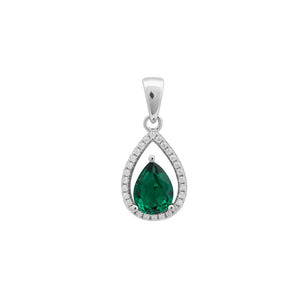 Emerald Cubic Zirconia Teardrop Silver Pendant Necklace