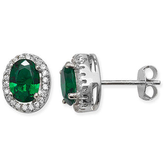 Oval Emerald Cubic Zirconia Silver Halo Stud Earrings