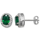 Oval Emerald Cubic Zirconia Silver Halo Stud Earrings