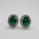 Oval Emerald Cubic Zirconia Silver Halo Stud Earrings