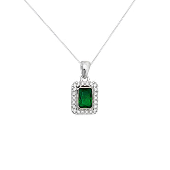 Emerald Cubic Zirconia Silver Rectangle Pendant Necklace