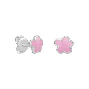 Sterling Silver & Pink Enamel Flower Stud Earrings