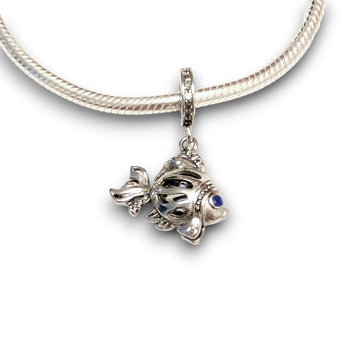 Sterling silver goldfish dangle charm featuring blue opal & CZ accents. Hypoallergenic, gift-ready and compatible with European style charm bracelets.