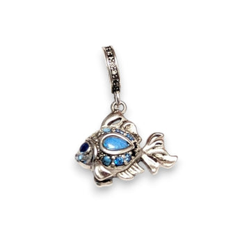 Sterling silver goldfish dangle charm featuring blue opal & CZ accents. Hypoallergenic, gift-ready and compatible with European style charm bracelets.