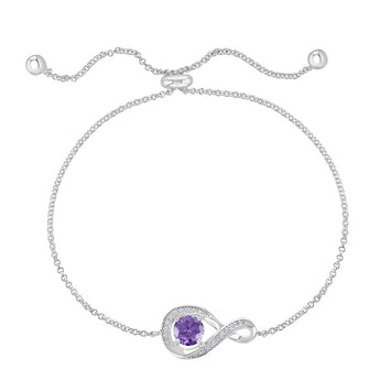 February Birthstone - Amethyst CZ infinity Adjustable Bolo Silver Bracelet