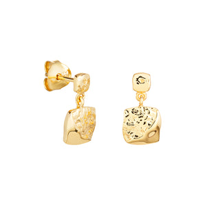 Sterling Silver Fleur Crinkled Square Drop Earrings layered in 14ct Gold Plating