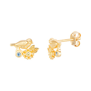 Sterling Silver Flora and Bird Stud Earrings Layered in 14ct Gold Plating