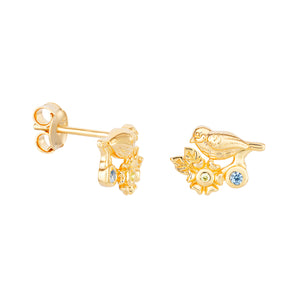 Sterling Silver Flora and Bird Stud Earrings layered in 14ct Gold Plating