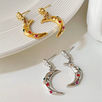 Amnesia Jewellery | Gold Plated Gem Cresent Moon Earrings