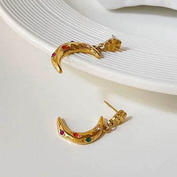 Amnesia Jewellery | Gold Plated Gem Cresent Moon Earrings