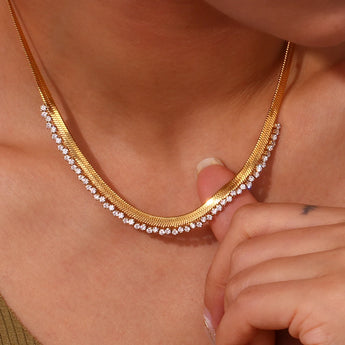 Amnesia Jewellery | Gold Plated Stainless CZ Herringbone Necklace