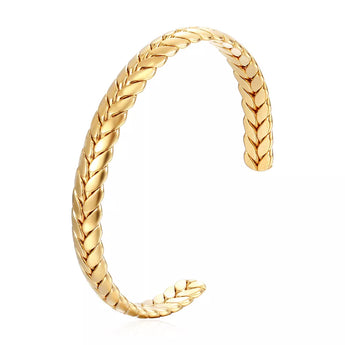 Amnesia Jewellery | 18ct Gold Plated Stainless Wheat Cuff Bracelet. Check out our stainless steel Wheat Cuff Bracelet. Available in 18ct Gold Plated or Silver Finishes, this bracelet is perfect for stacking up with your other favourite pieces. Tarnish Free and Waterproof. Shop now for quality Jewellery/Jewelry!
