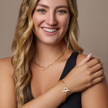 Gold Plated Sterling Silver T-Bar Paperclip Chain With Cubic Zirconia