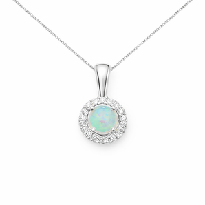 Halo Opal and Cubic Zirconia Sterling Silver Pendant Necklace