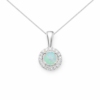 Halo Opal and Cubic Zirconia Sterling Silver Pendant Necklace
