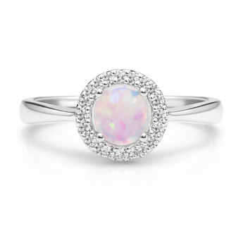 Halo Opal and Cubic Zirconia Sterling Silver Ring