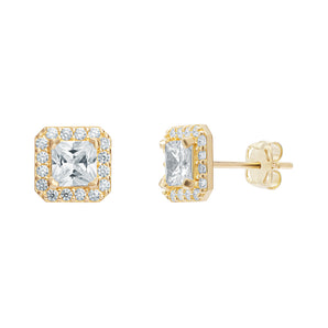 9ct Gold Square Halo Cubic Zirconia Stud Earrings