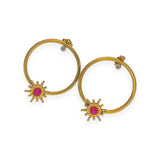 Harper starburst gold plated hoop earrings with sunburst designs and pink gemstones on a white background