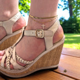 Our adorable Herringbone Cross Anklet! This sweet treasure features a cubic zirconia cross alongside a gold-plated herringbone chain. Tarnish Free and Waterproof