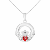 Sterling Silver July Birthstone Claddagh Pendant Necklace with Red Ruby Cubic Zirconia Heart Detail