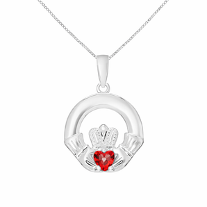 Sterling Silver July Birthstone Claddagh Pendant Necklace with Red Ruby Cubic Zirconia Heart Detail