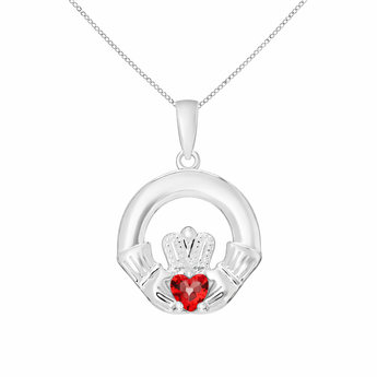 Sterling Silver July Birthstone Claddagh Pendant Necklace with Red Ruby Cubic Zirconia Heart Detail