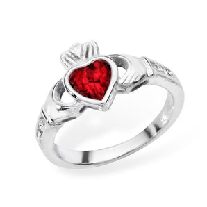 July Birthstone - Ruby Cubic Zirconia Claddagh Silver Ring
