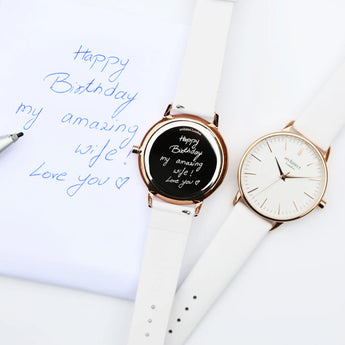 Ladies Handwriting Engraved Architēct Blanc Watch - White Strap