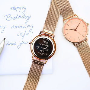 Ladies Handwriting Engraved Architēct Coral Watch - Rose Gold Mesh Strap