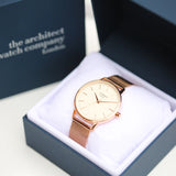 Ladies Handwriting Engraved Architect Blanc Watch - Rose Gold Mesh Strap
