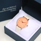 Ladies Handwriting Engraved Architect Coral Watch - White Strap