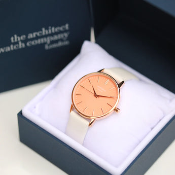Ladies Handwriting Engraved Architect Coral Watch - White Strap
