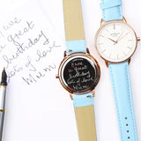 Ladies Handwriting Engraved Blanc Watch - Light Blue Strap