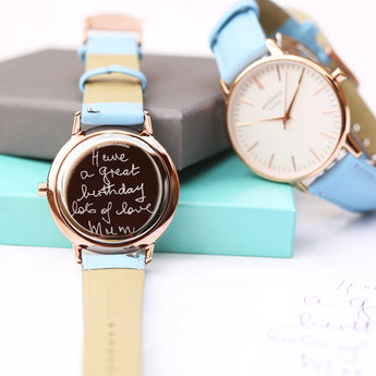 Ladies Handwriting Engraved Blanc Watch - Light Blue Strap