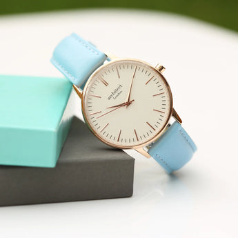 Ladies Handwriting Engraved Blanc Watch - Light Blue Strap