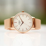 Ladies Modern Font Engraved Architect Blanc Watch - Rose Gold Mesh Strap