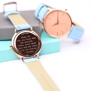 Ladies Modern Font Engraved Architect Coral Watch - Light Blue Strap