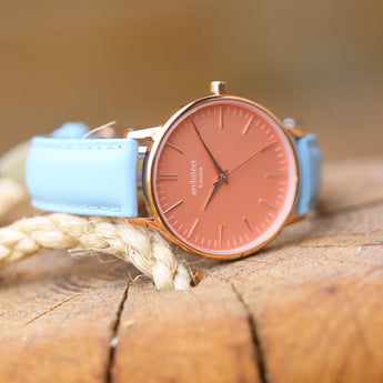 Ladies Modern Font Engraved Architect Coral Watch - Light Blue Strap