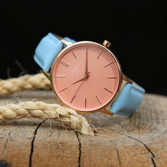 Ladies Modern Font Engraved Architect Coral Watch - Light Blue Strap